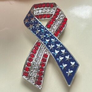 Patriotic Silver Stars and Stripes Ribbon Brooch with Rhinestones